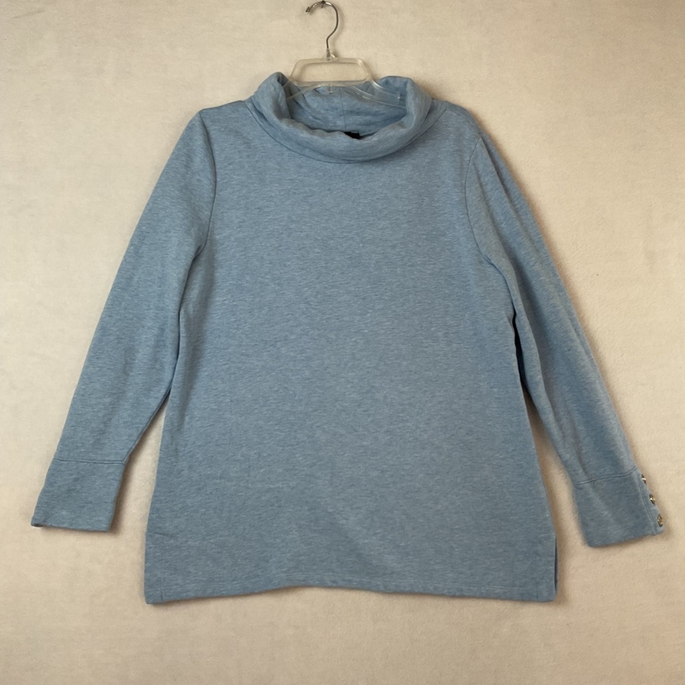 Talbots Womens Light Blue Heather Cowl Neck Button Cuff Sweatshirt Large
